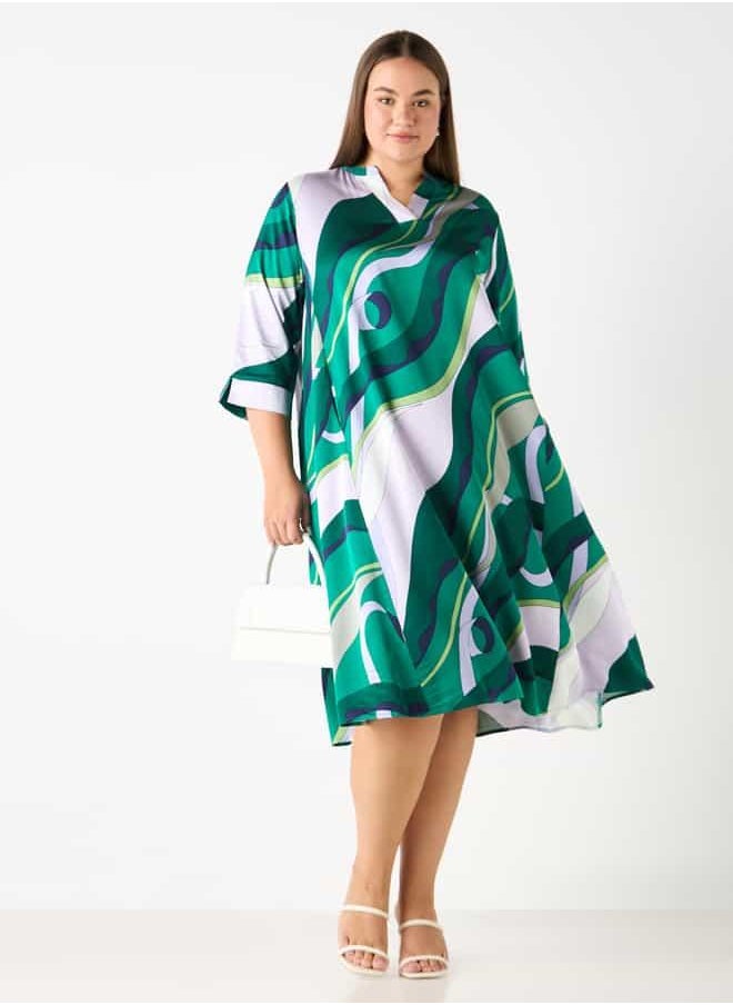 Plus Size Ulla Popken Printed Dress with 3/4 Sleeves
