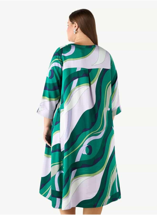 Plus Size Ulla Popken Printed Dress with 3/4 Sleeves