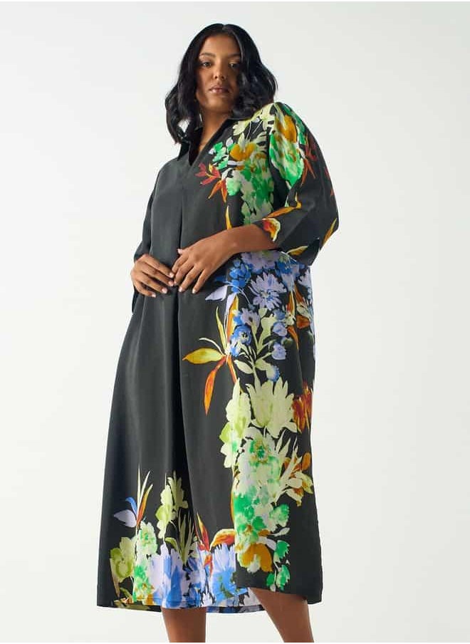 Plus Size Ulla Popken Floral Print Midi Dress with Collar and 3/4 Sleeves