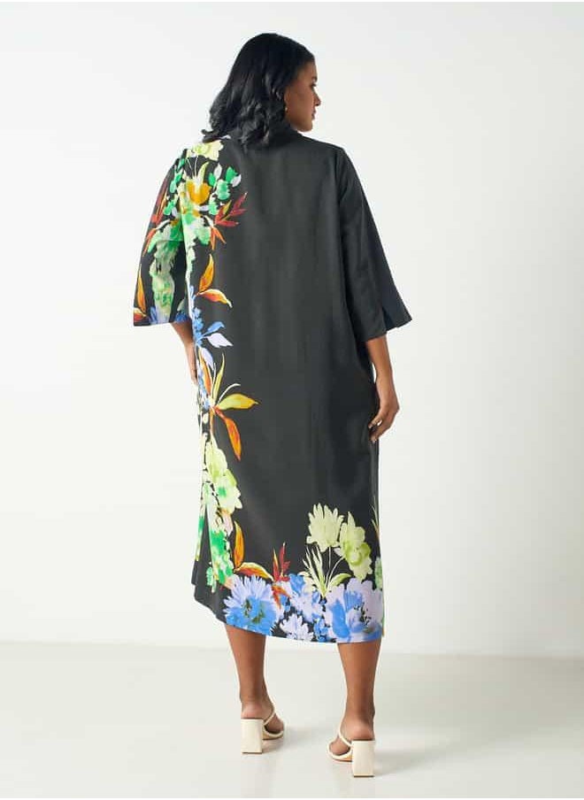Plus Size Ulla Popken Floral Print Midi Dress with Collar and 3/4 Sleeves