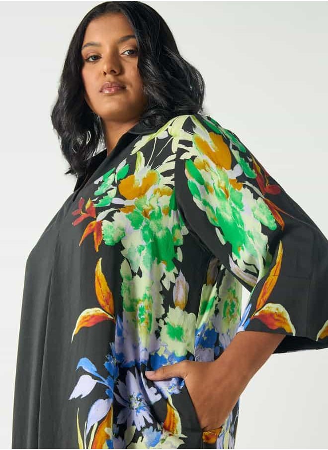Plus Size Ulla Popken Floral Print Midi Dress with Collar and 3/4 Sleeves