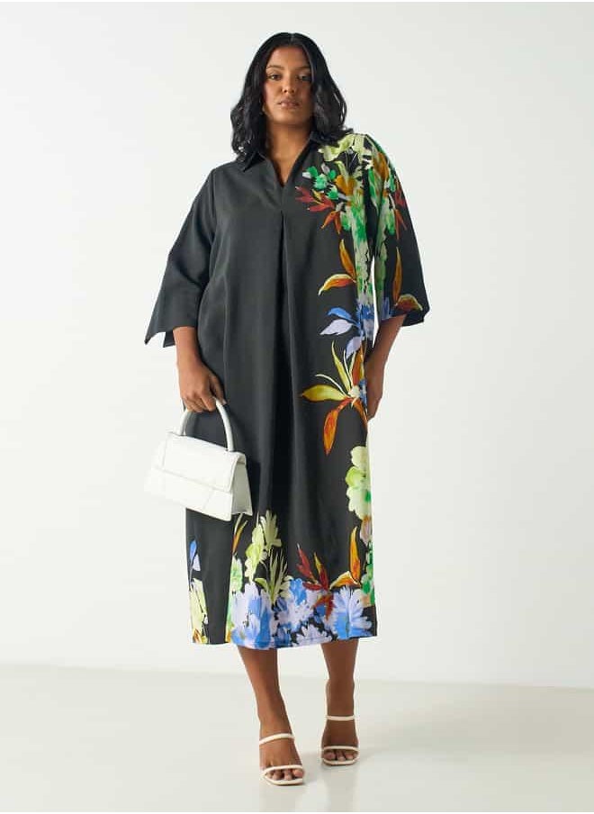 Plus Size Ulla Popken Floral Print Midi Dress with Collar and 3/4 Sleeves