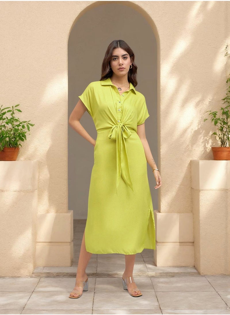 Green Regular Fit Midi Dress for Women - Viscose Moss, Half Sleeves, Casual,