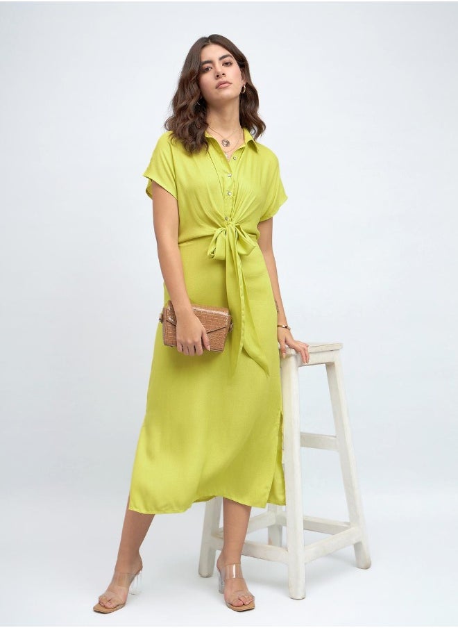 Green Regular Fit Midi Dress for Women - Viscose Moss, Half Sleeves, Casual,