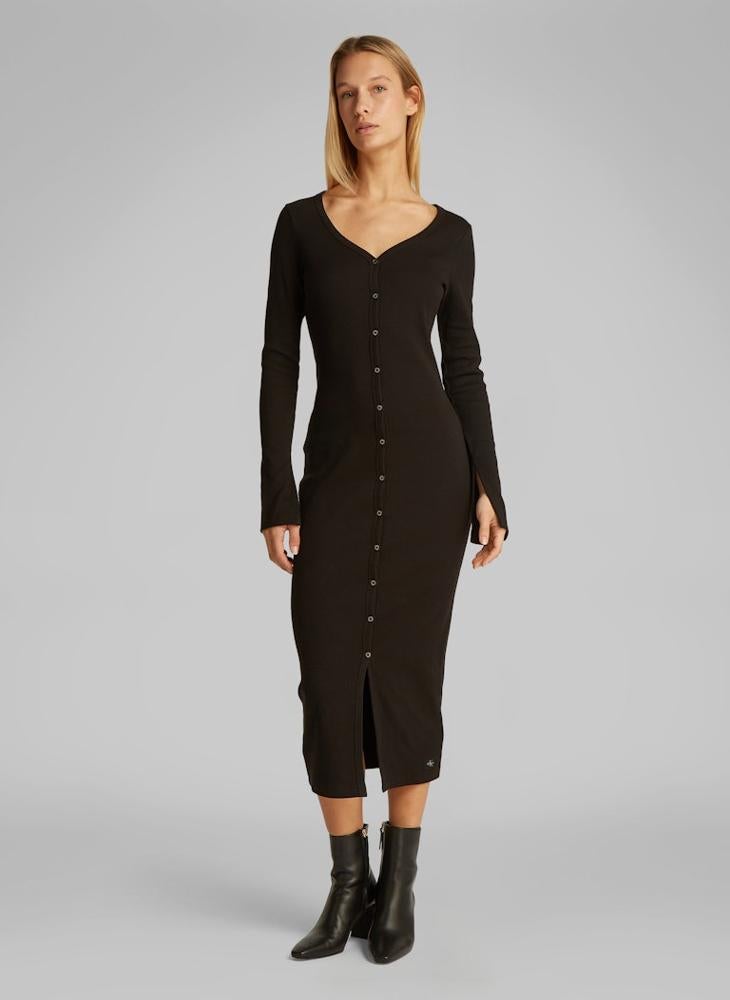 V-Neck Ribbed Button Down Dress