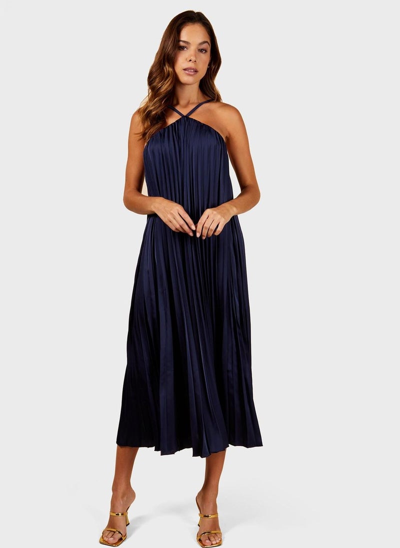 Pleated Halter Midi Dress