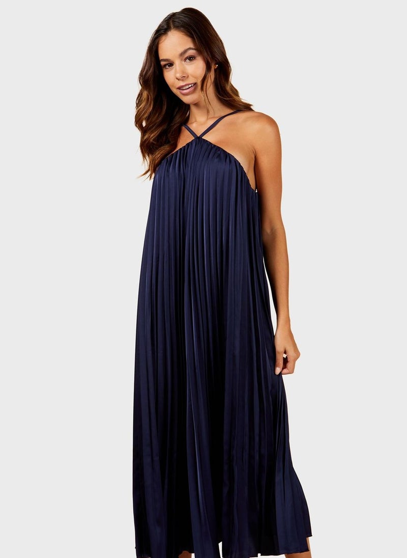 Pleated Halter Midi Dress