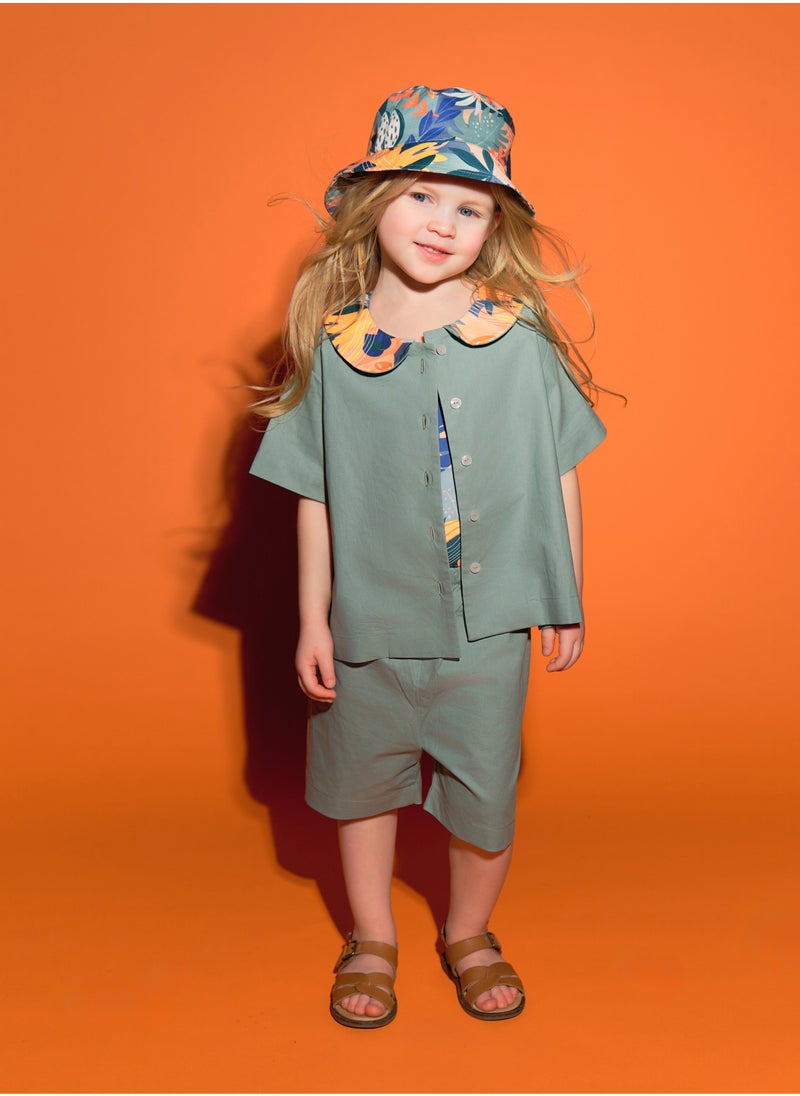 Eucalyptus Color Summer Pajama Set for Kids, 100% Cotton Poplin, Breathable & Comfortable, Elegant Designer Print, Original Details, Size 116. Perfect for Hot Days!