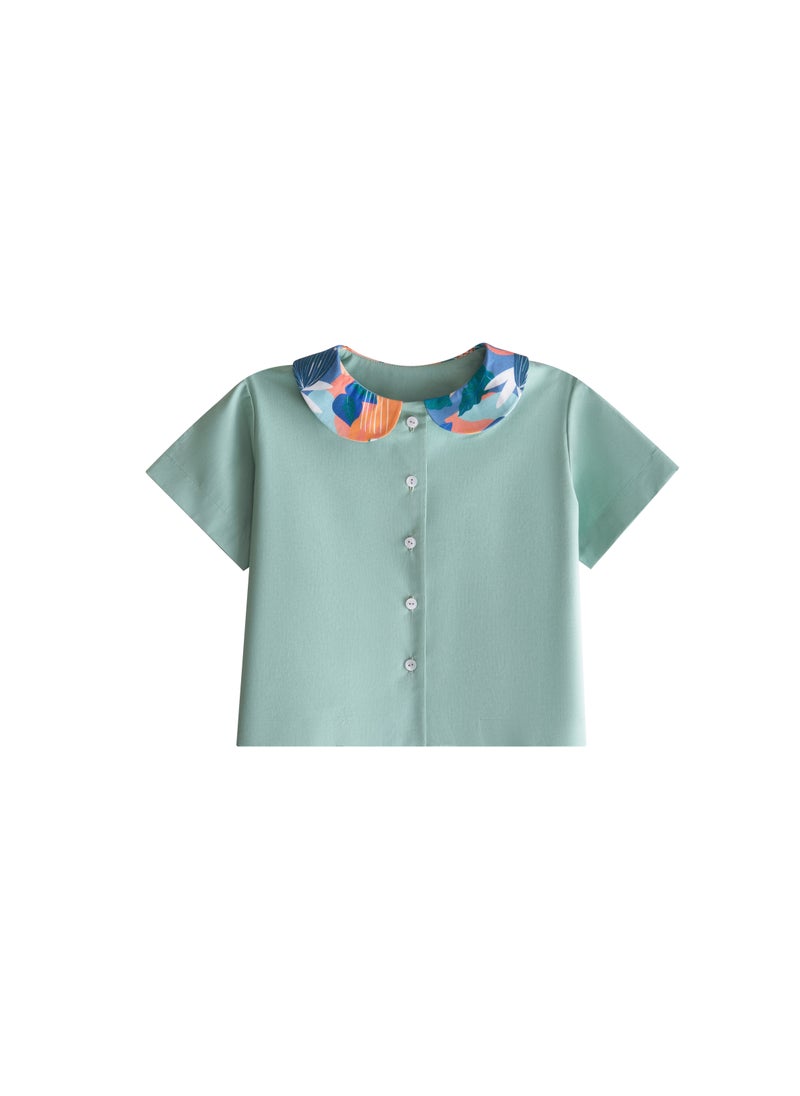 Eucalyptus Color Summer Pajama Set for Kids, 100% Cotton Poplin, Breathable & Comfortable, Elegant Designer Print, Original Details, Size 116. Perfect for Hot Days!