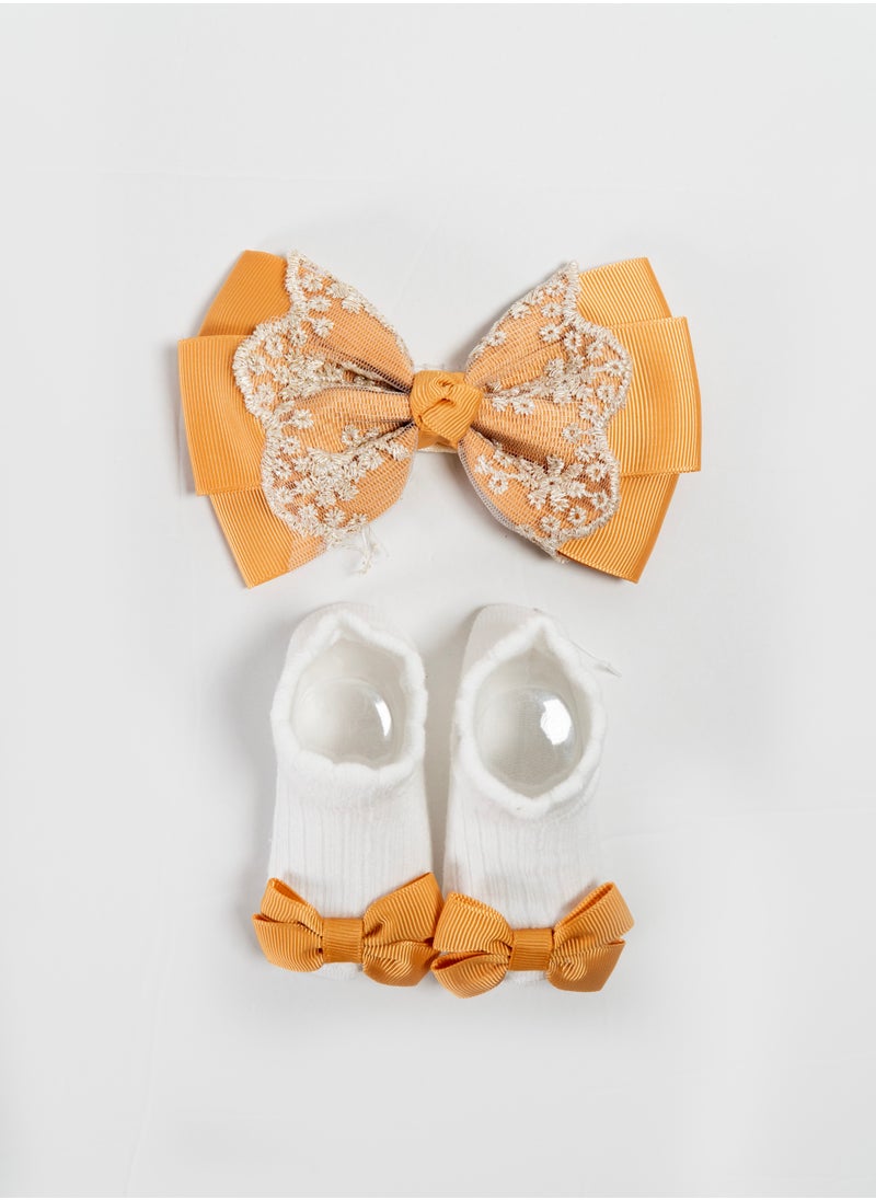 Bambimici - Aaliyah Socks & Cute Ribbon Big Bow Headband Set - Mustard Yellow