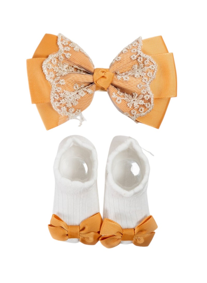 Bambimici - Aaliyah Socks & Cute Ribbon Big Bow Headband Set - Mustard Yellow