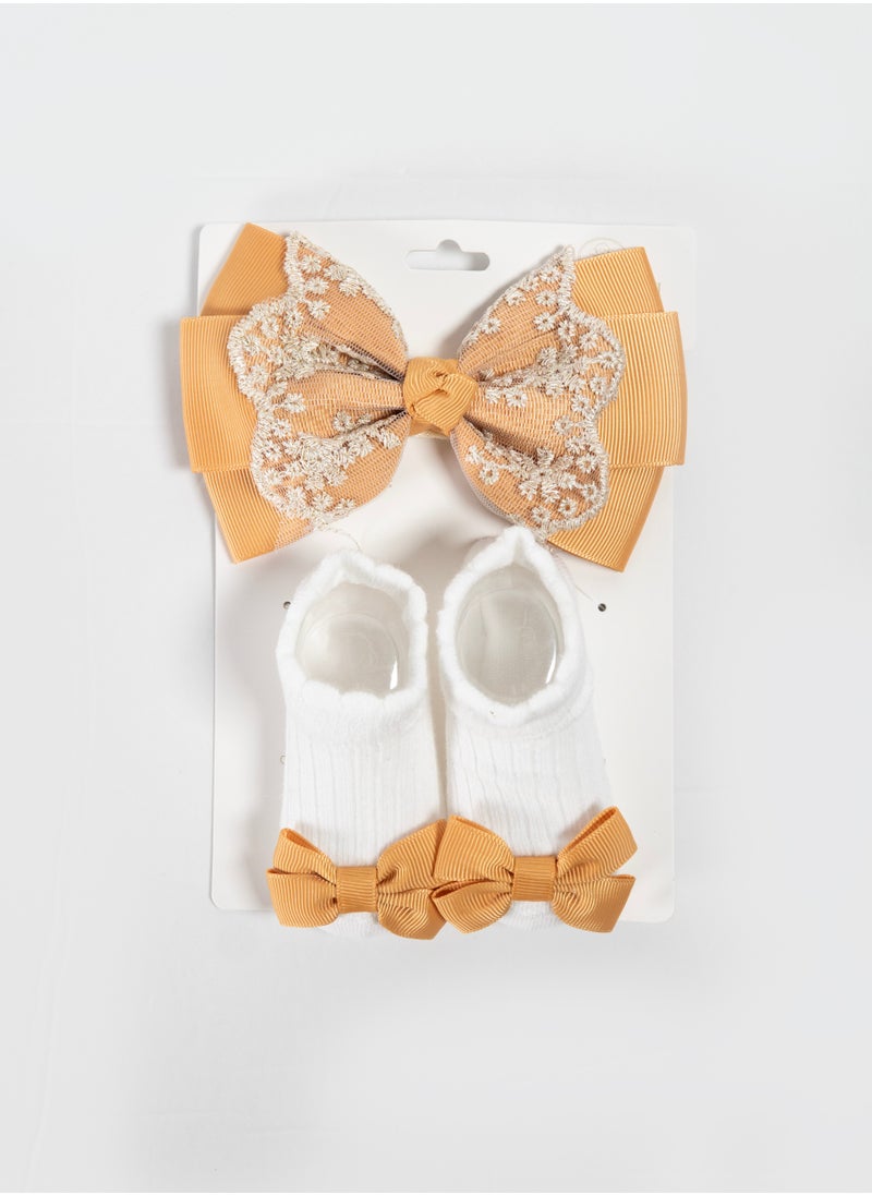 Bambimici - Aaliyah Socks & Cute Ribbon Big Bow Headband Set - Mustard Yellow