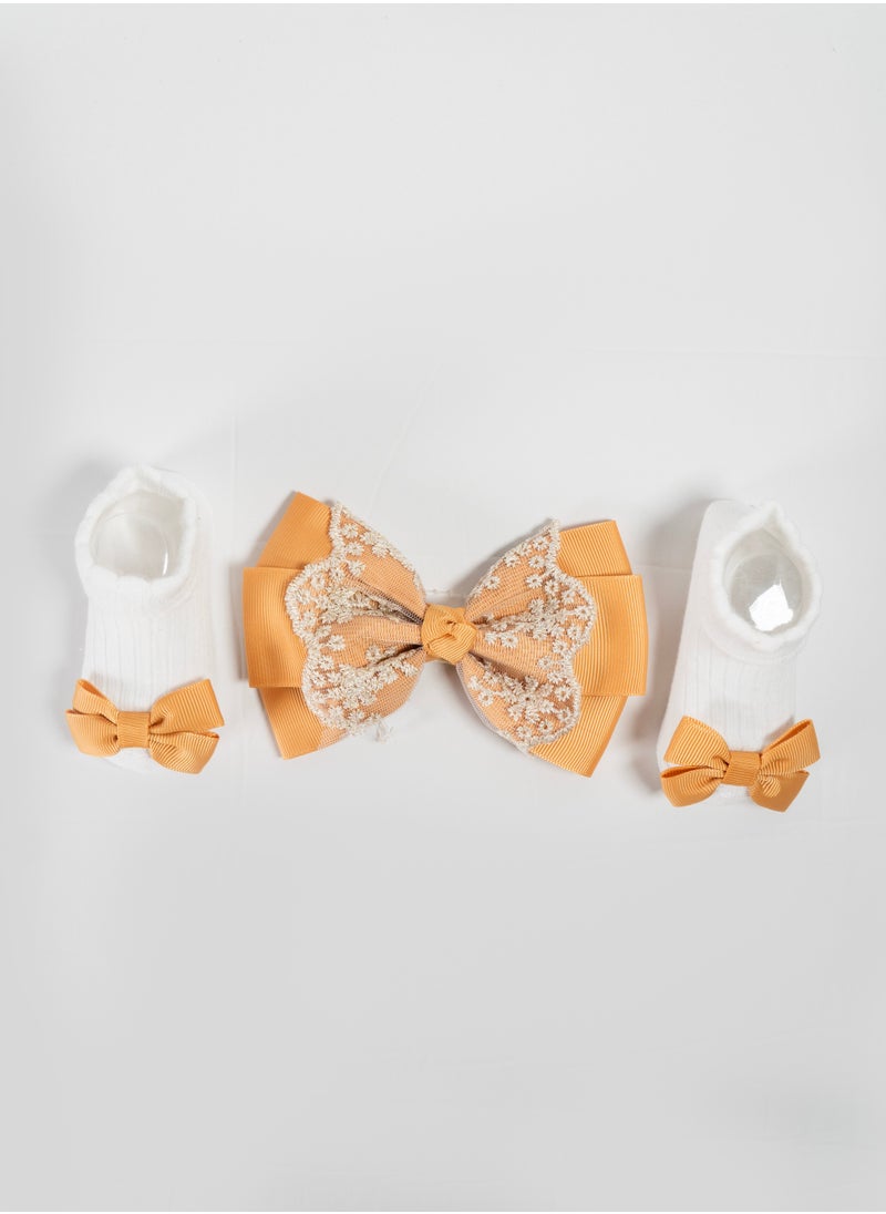 Bambimici - Aaliyah Socks & Cute Ribbon Big Bow Headband Set - Mustard Yellow
