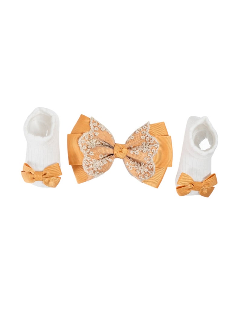 Bambimici - Aaliyah Socks & Cute Ribbon Big Bow Headband Set - Mustard Yellow