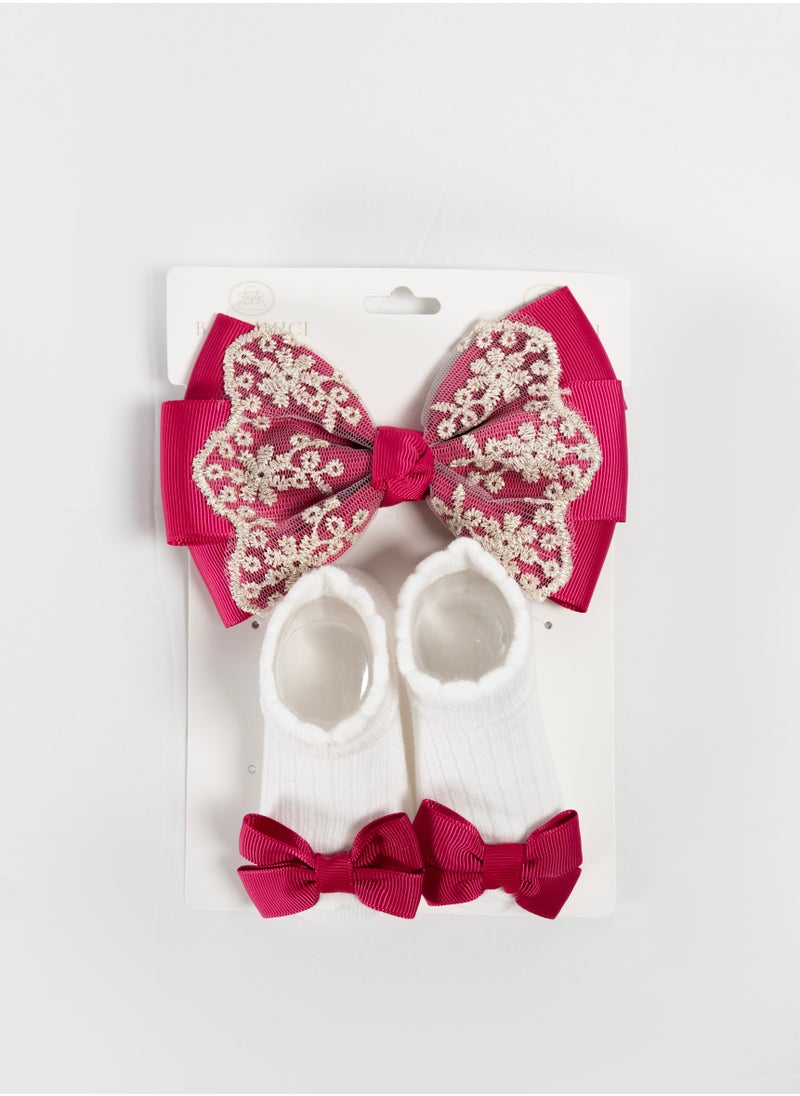 Bambimici - Aaliyah Socks & Cute Ribbon Big Bow Headband Set - Hot Pink