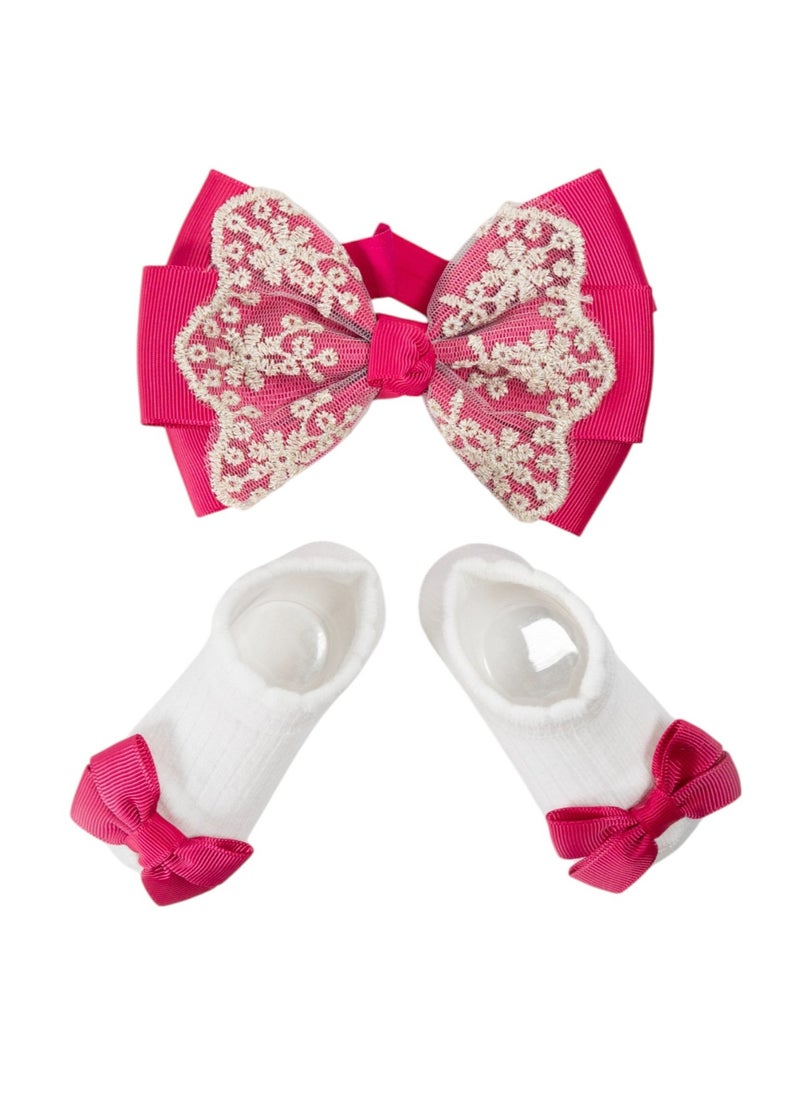 Bambimici - Aaliyah Socks & Cute Ribbon Big Bow Headband Set - Hot Pink