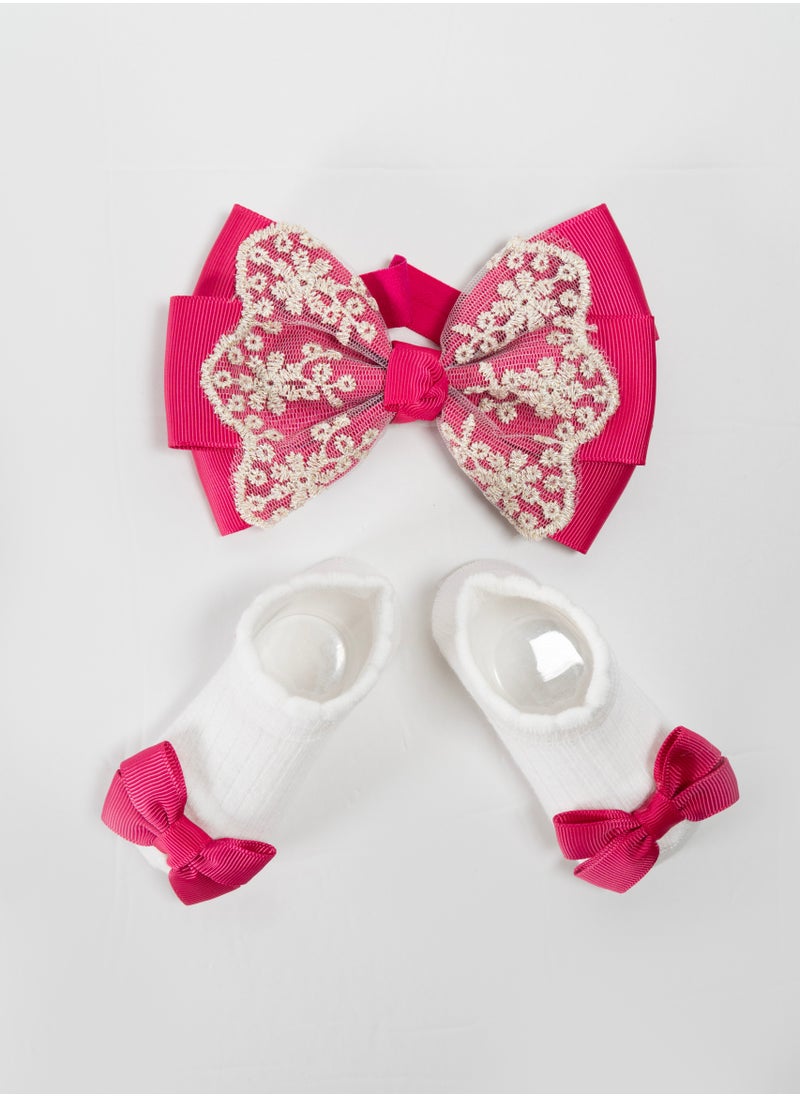 Bambimici - Aaliyah Socks & Cute Ribbon Big Bow Headband Set - Hot Pink