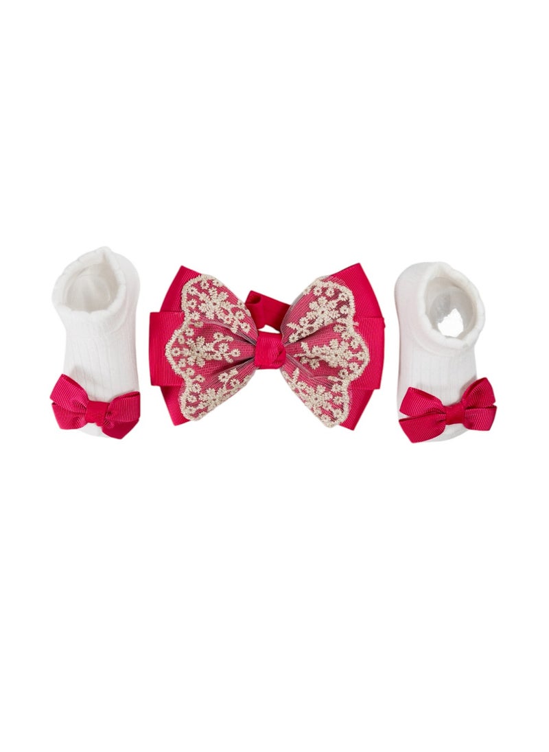 Bambimici - Aaliyah Socks & Cute Ribbon Big Bow Headband Set - Hot Pink