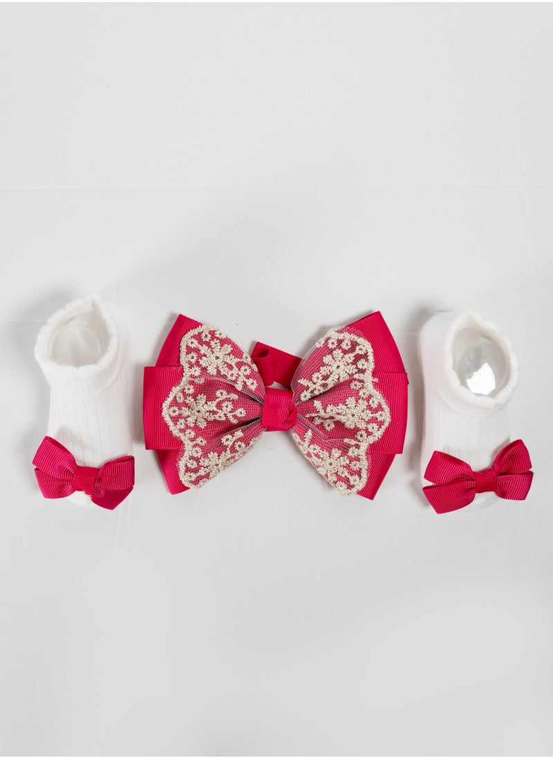 Bambimici - Aaliyah Socks & Cute Ribbon Big Bow Headband Set - Hot Pink