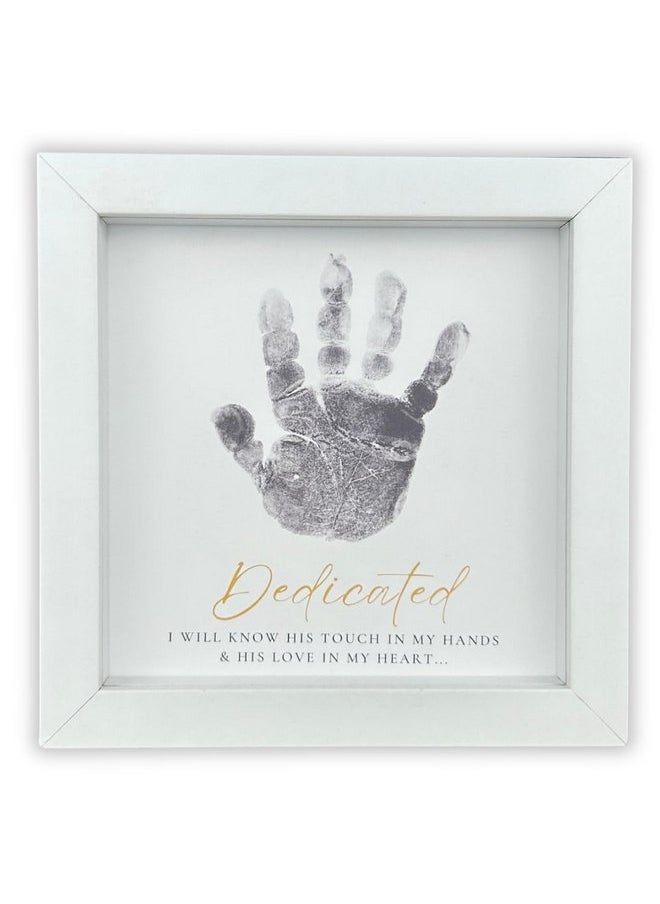 The Grandparent Gift Company- White Shadowbox Frame 6 x 6 Table or Shelf Frame with “Dedicated” Sentiment- Baby Handprint Dedication Gifts