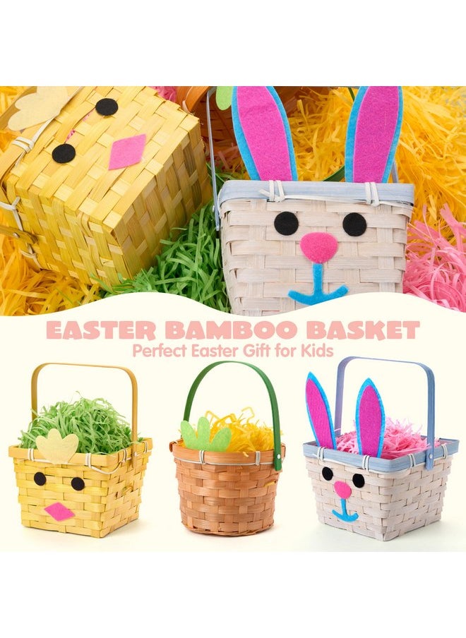 JOYIN 3 Pcs Easter Baskets, Bunny Chick Carrot Baskets with Folding Handle & 150g Easter Raffia Paper Grass, Pink, Yellow & Green Empty Gift Basket for Baby Girls Boys First Easter