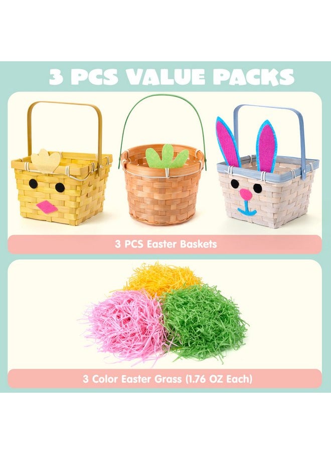 JOYIN 3 Pcs Easter Baskets, Bunny Chick Carrot Baskets with Folding Handle & 150g Easter Raffia Paper Grass, Pink, Yellow & Green Empty Gift Basket for Baby Girls Boys First Easter
