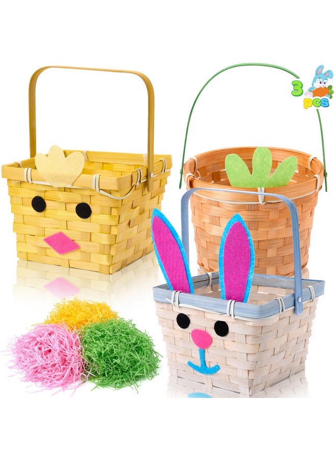 JOYIN 3 Pcs Easter Baskets, Bunny Chick Carrot Baskets with Folding Handle & 150g Easter Raffia Paper Grass, Pink, Yellow & Green Empty Gift Basket for Baby Girls Boys First Easter