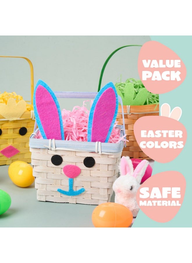 JOYIN 3 Pcs Easter Baskets, Bunny Chick Carrot Baskets with Folding Handle & 150g Easter Raffia Paper Grass, Pink, Yellow & Green Empty Gift Basket for Baby Girls Boys First Easter