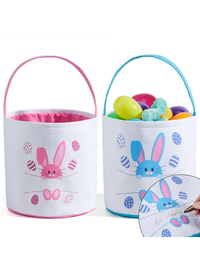 JOYIN 2 Pcs Easter Bunny Cotton Basket Set, Personalized Easter Basket with Name Sign Space, Blue & Pink Bunny Patterns, Easter Gift Bags Party Favor Storage Container for Kids First Easter Basket