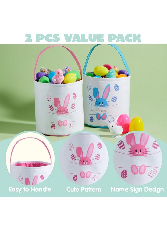 JOYIN 2 Pcs Easter Bunny Cotton Basket Set, Personalized Easter Basket with Name Sign Space, Blue & Pink Bunny Patterns, Easter Gift Bags Party Favor Storage Container for Kids First Easter Basket