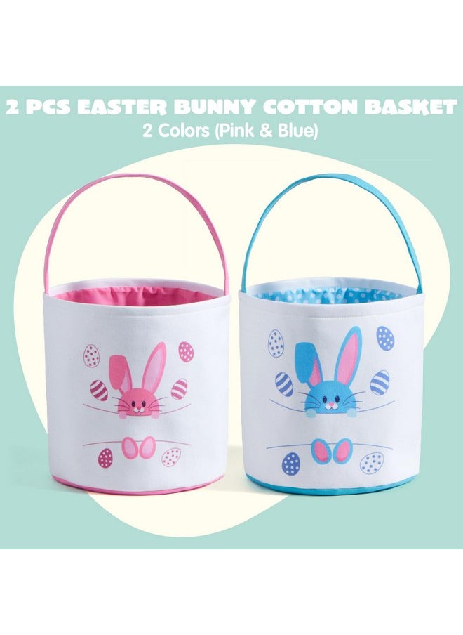 JOYIN 2 Pcs Easter Bunny Cotton Basket Set, Personalized Easter Basket with Name Sign Space, Blue & Pink Bunny Patterns, Easter Gift Bags Party Favor Storage Container for Kids First Easter Basket
