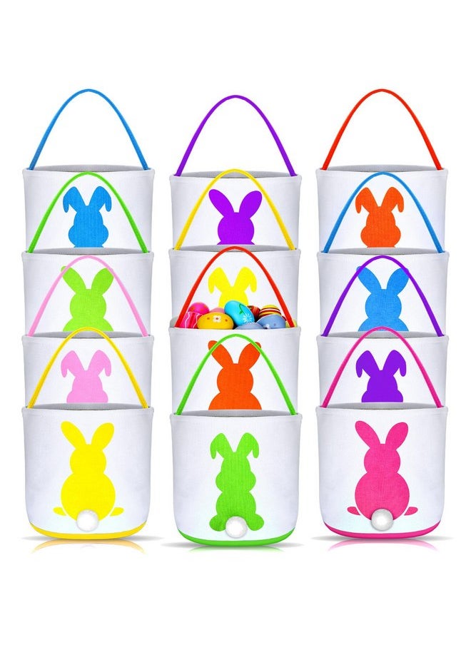 Jexine 12 Pcs Easter Bunny Basket Bags Bulk for Kids Gift Bucket Easter Eggs Hunt Basket with Handle Bunny Tote Bag Bucket Carry Rabbit Fluffy Tails Bag for Easter Party(Rainbow Color,Cute Style)