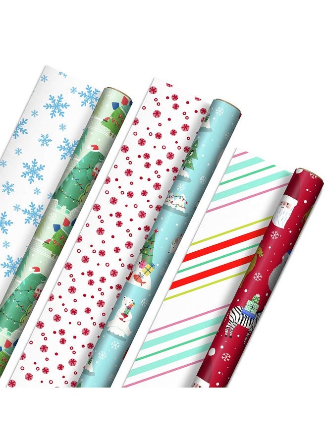 Hallmark Trendy Reversible Christmas Wrapping Paper for Kids (3 Rolls: 120 sq. ft. ttl) Dinosaurs, Koalas, Polar Bears, Penguins, Camels, Zebras, Stripes