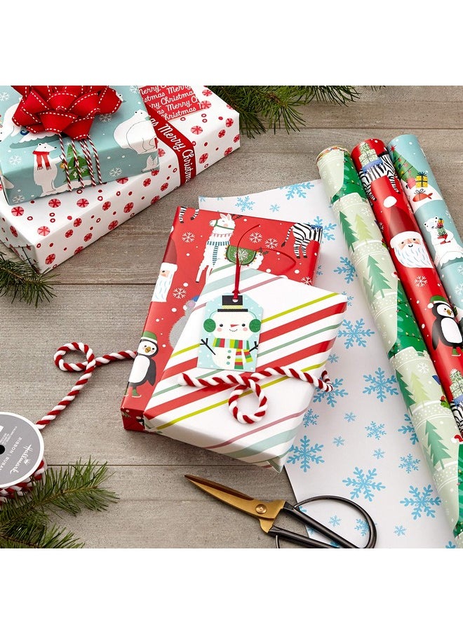 Hallmark Trendy Reversible Christmas Wrapping Paper for Kids (3 Rolls: 120 sq. ft. ttl) Dinosaurs, Koalas, Polar Bears, Penguins, Camels, Zebras, Stripes