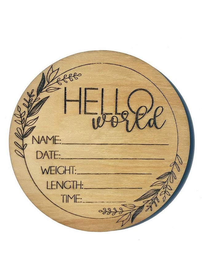 Hello World Birth Announcement Sign - Floral Wooden Plaque for Baby Name and Birth Details - Newborn Gift Round