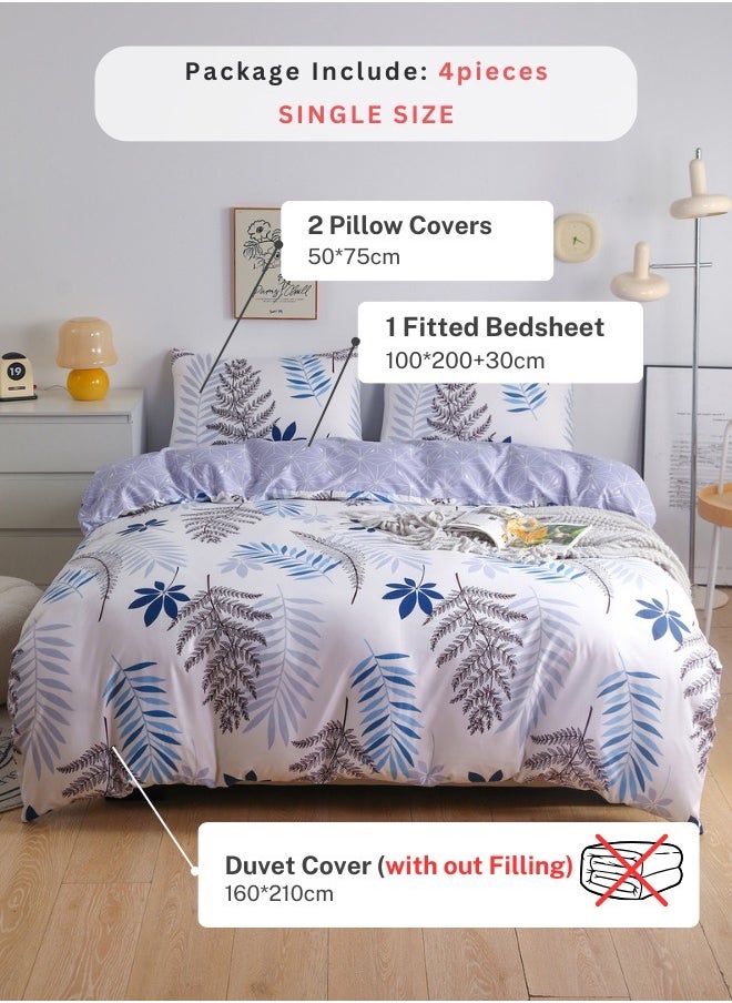 Single Size 4-Piece Bedding Set (No Filler Included) – Reversible Duvet Cover Set featuring a Charming Leaf Design.