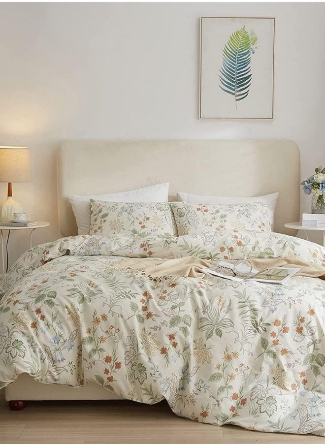 Queen size, six-piece botanical bedding set without filling featuring a green and gold floral design.