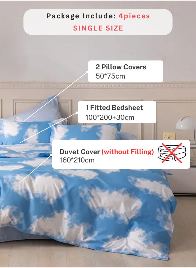 Single size 4 Piece Duvet cover set 3D design Cloud Pattern, sky blue color.
