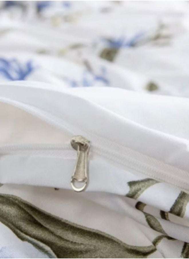 Queen Size 6 Piece Duvet Cover Set White with Blue Flowers Bedding Set without Filler