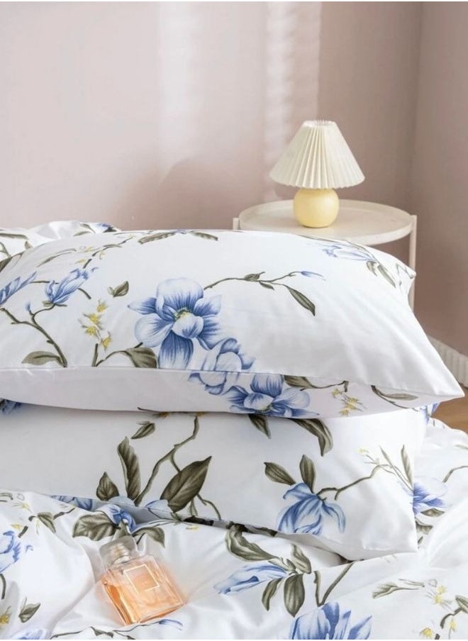 Queen Size 6 Piece Duvet Cover Set White with Blue Flowers Bedding Set without Filler