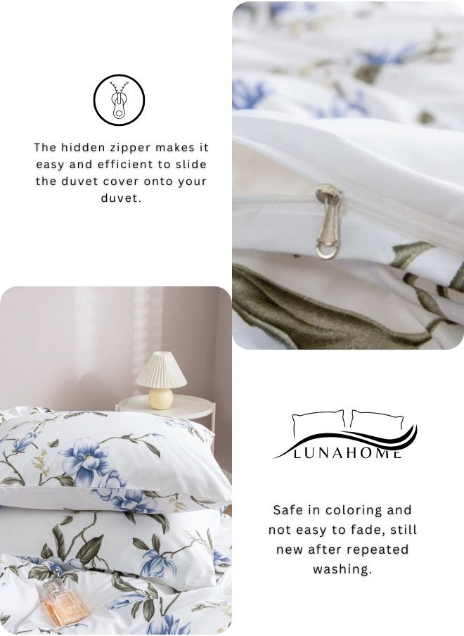 Queen Size 6 Piece Duvet Cover Set White with Blue Flowers Bedding Set without Filler