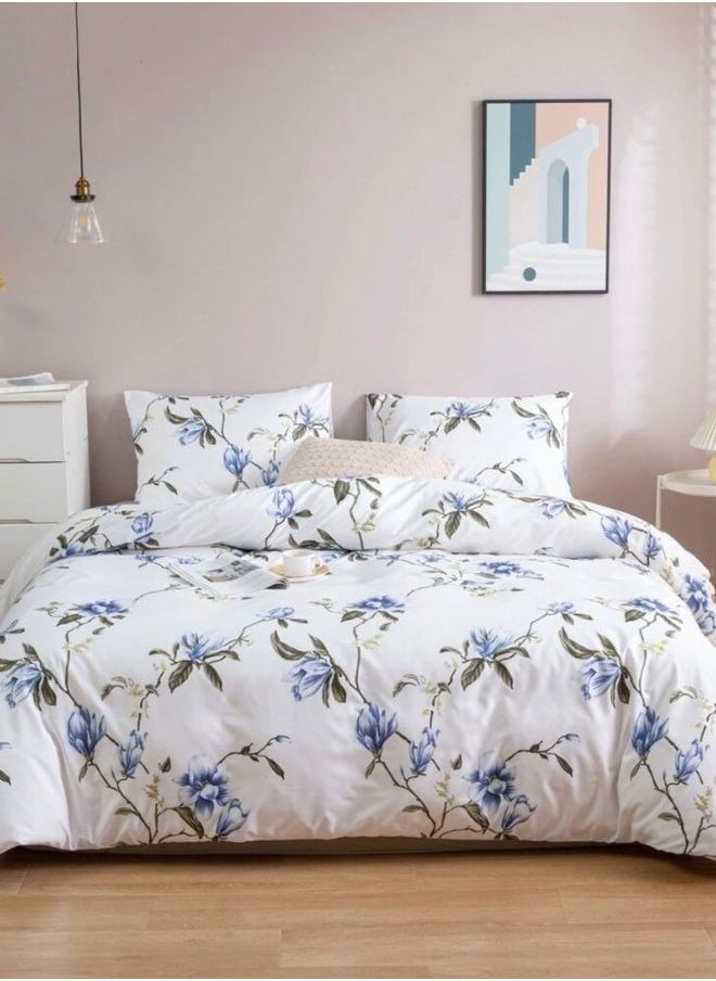 Queen Size 6 Piece Duvet Cover Set White with Blue Flowers Bedding Set without Filler