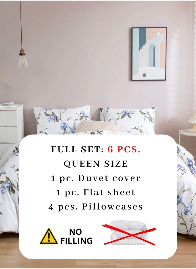 Queen Size 6 Piece Duvet Cover Set White with Blue Flowers Bedding Set without Filler