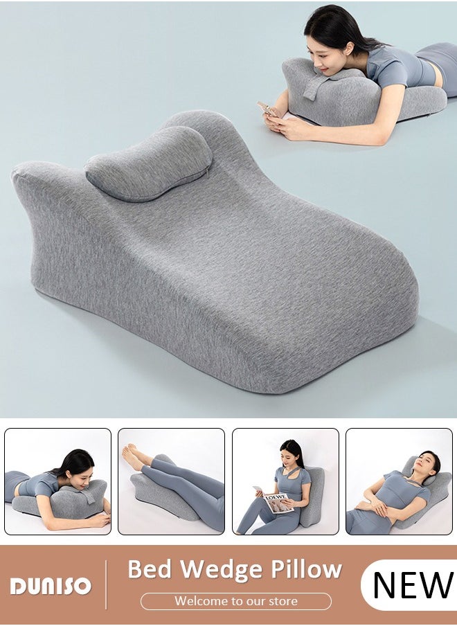Bed Wedge Pillow for Sleeping, Triangle Pillow Wedge for Back Support, Leg Elevation Pillow Relieves Leg Pain, Ergonomic Memory Foam Bed Pillow with Face Down Massage Prone Pillow Function for Reading