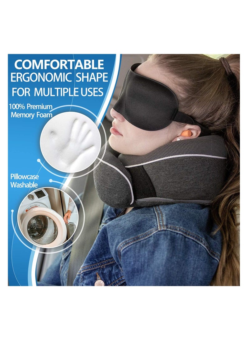 Travel Neck Pillow, Chin Support, Adjustable 100% Pure Memory Foam, Ergonomic Design, Soft Full Neck Surround Pillow for Home, Airplanes, and Car (Black)