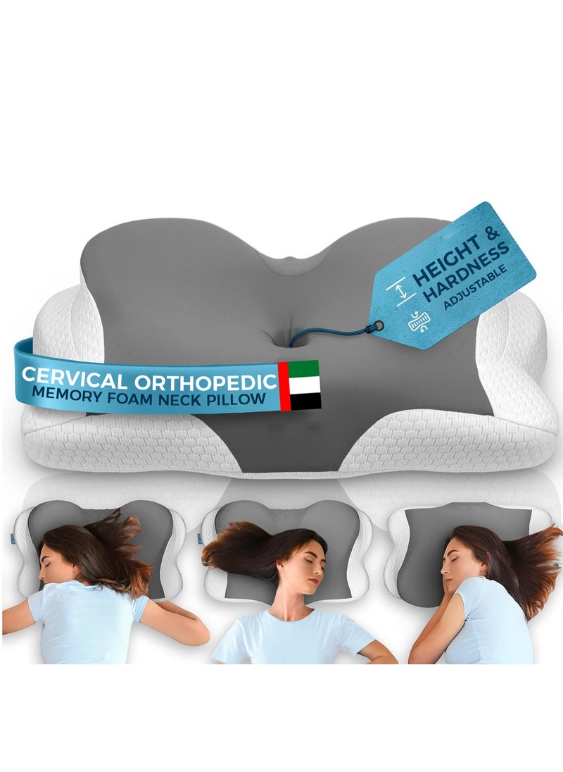 Orthopedic Memory Foam Pillow, Adjustable Height, and Firmness, Ergonomic Cervical Neck Support Pillow for Neck and Back Pain, Side, Stomach, and Back Sleepers, Anti-Snoring and Breathable Cover, 60x40cm, Grey