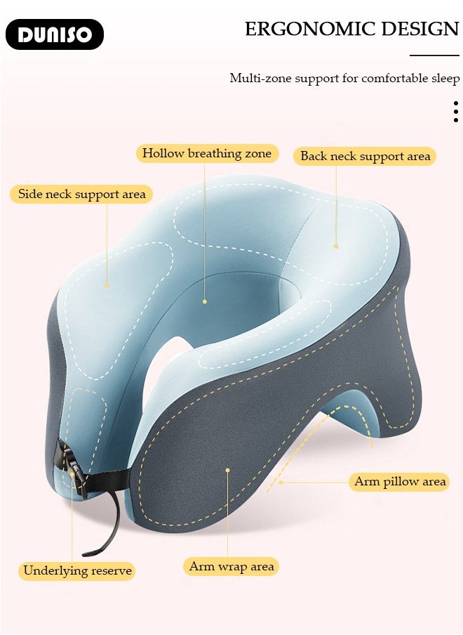 2-in-1 Travel Pillow, U-Shape Neck & Head Memory Foam Support Pillow, Napping Pillow, Face Down Pillow Relax Arms, Ergonomic Memory Foam Neck Pillow for Long Flight Essentials, Car, Train, Bus and Home Use