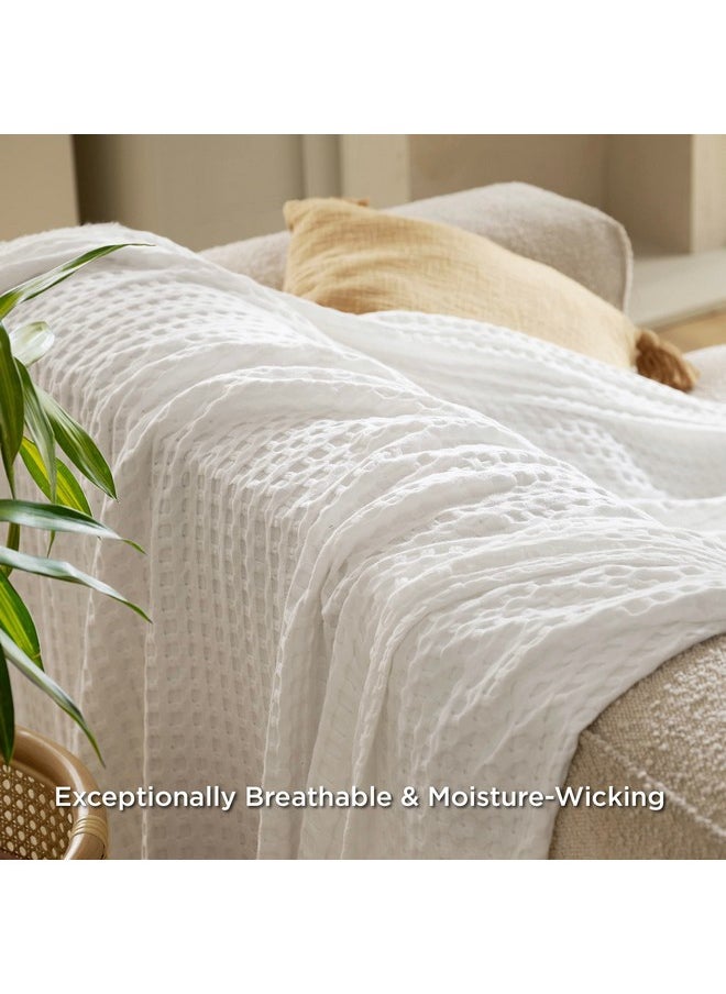 Bedsure Cooling Cotton Waffle King Size Blanket - Lightweight Breathable Christmas Blanket of Rayon Derived from Bamboo for Hot Sleepers, Luxury Throws for Bed, Couch and Sofa, Ivory, 104x90 Inches