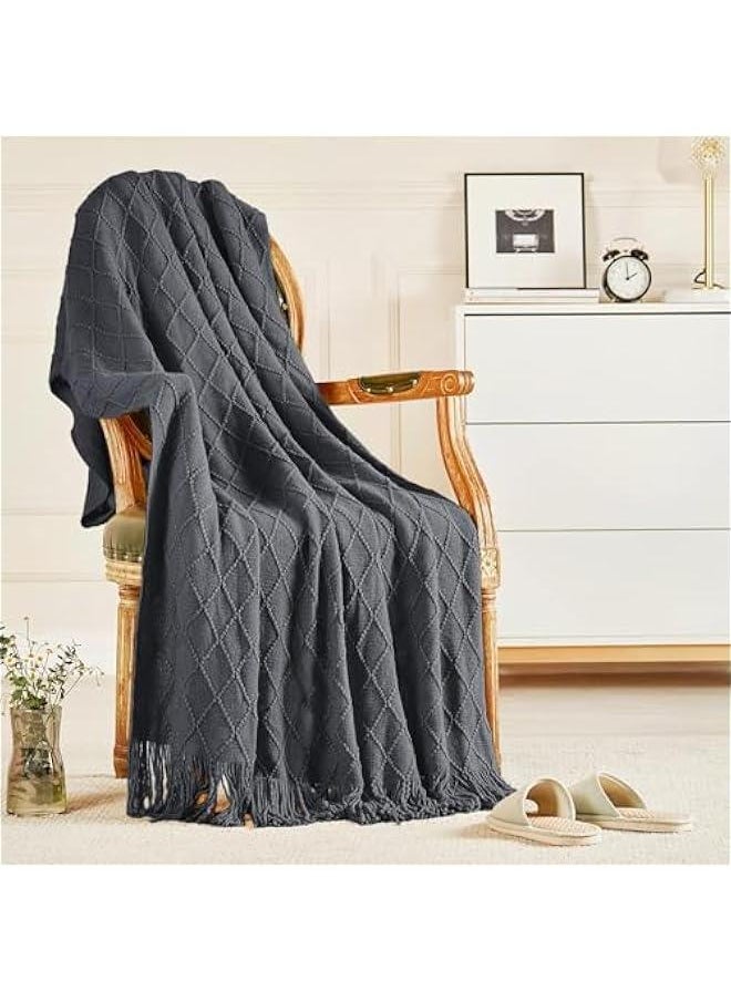 Knitted Throw Blankets for Couch and Bed, Soft Cozy Knit Blanket with Tassel, Lightweight Decorative Blankets and Throws, Farmhouse Warm Woven Blanket for Men and Women (Grey, 150x230CM)