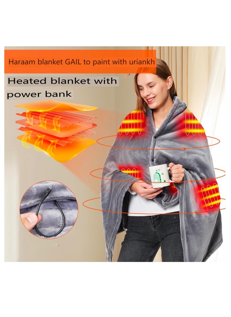 Portable Heated Blanket with Power Bank, USB-Powered, Grey Plush Material, Multi-Zone Heating